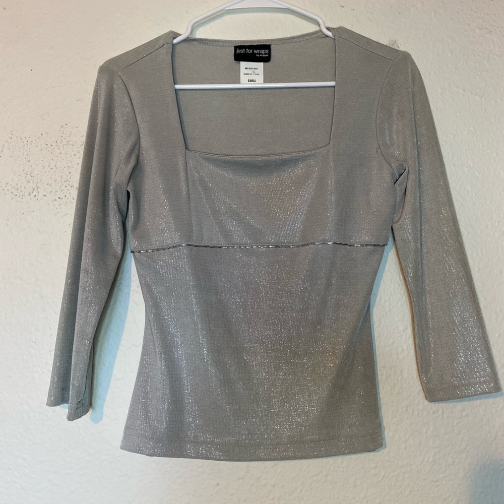 Vintage Just for Wraps Formal Silver Sparkly Square Neck Blouse Size Small